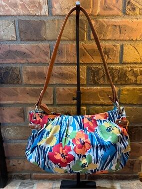 Nine & Co. Floral Blue Satin Slouchy Hobo Shoulder Bag with Tan Straps EUC